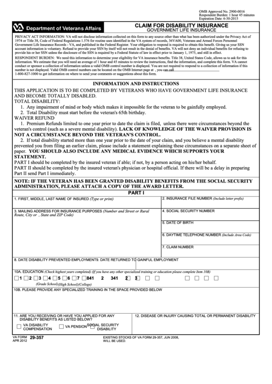 Fillable Va Form 29 357 Claim For Disability Insurance 