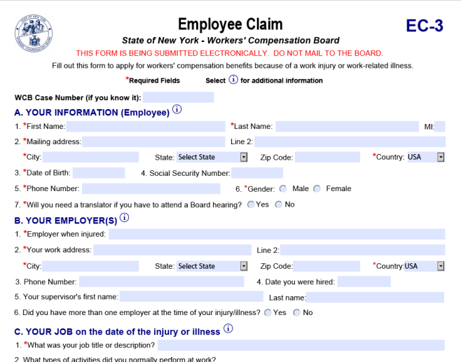 New York Workers Compensation Employee Claim Form 